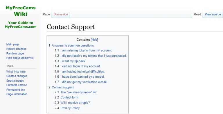 Screenshot MyFreeCams Contact Support